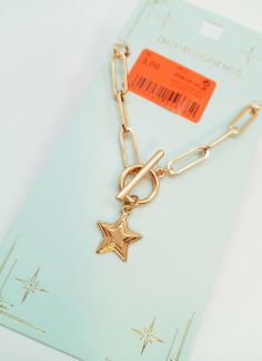 دستبند زنجیری ساده آویز ستاره قفل تی - طلایی