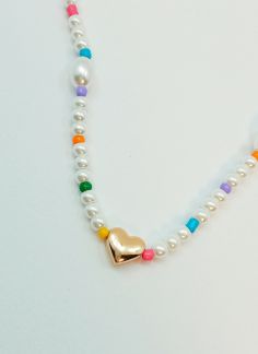 گردنبند زنجیری ساده مرواریدی تک قلب - چند رنگ