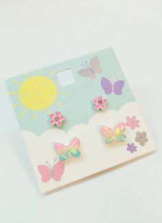 گوشواره بچگانه دوتایی گل و پروانه - چند رنگ